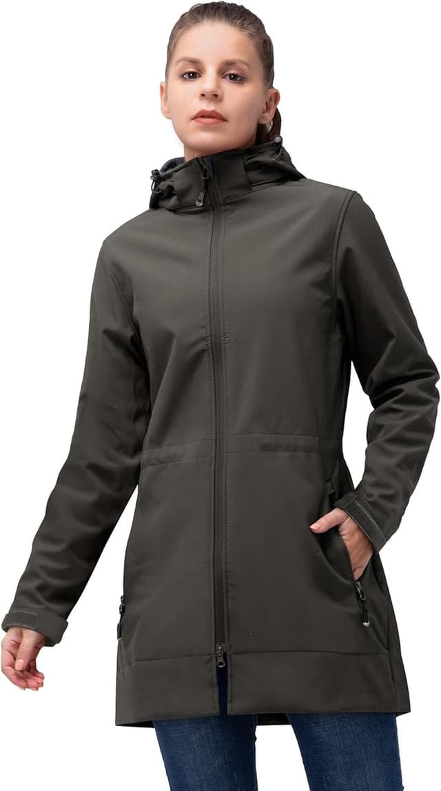 Detalle de 33,000ft Softshelljacke Damen – lange wasserdichte & winddichte Übergangsjacke mit abnehmbarer Kapuze