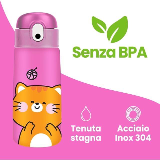 Detalle de Cartomania borraccia termica chill & refill 460 ml con cannuccia anti-rovescio, tema gattino rosa