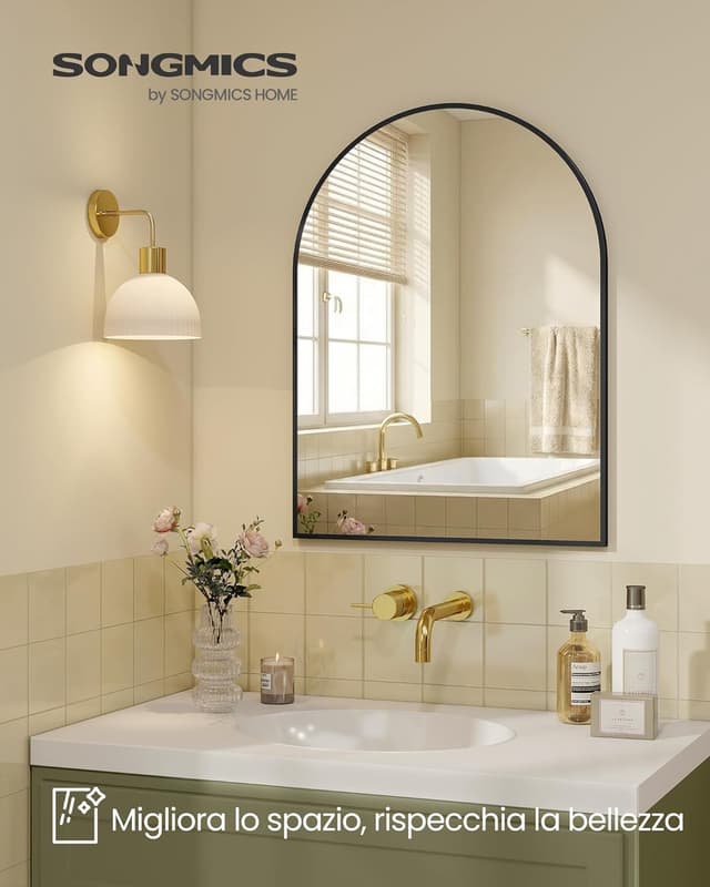 Detalle 2 de Specchio da parete ad arco SONGMICS LWM015BD01 in vetro temperato, 81 x 61 cm, cornice in alluminio nero