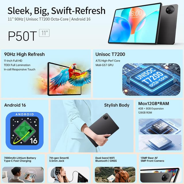 Detalle 2 de TECLAST P50T 11-inch Android 16 tablet with 90Hz IPS, 12GB RAM/128GB and 5G Wi‑Fi