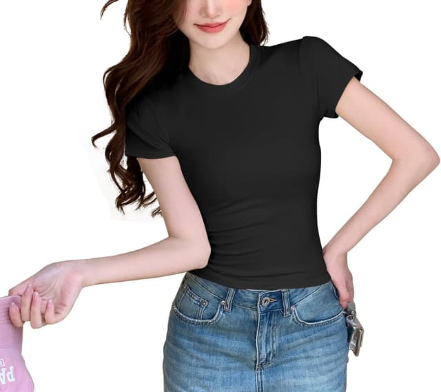 Detalle de JEROZIYANT Women’s Basic Cropped T-Shirt (Slim Fit) – Solid Colour Crew Neck Tee