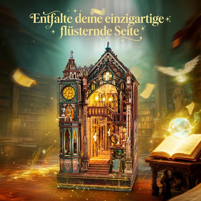 Detalle de FUNPOLA Magic Library Book Nook Kit mit LED 3D und Infinity-Spiegel – DIY Holzpuzzle für Mini-Bibliothek