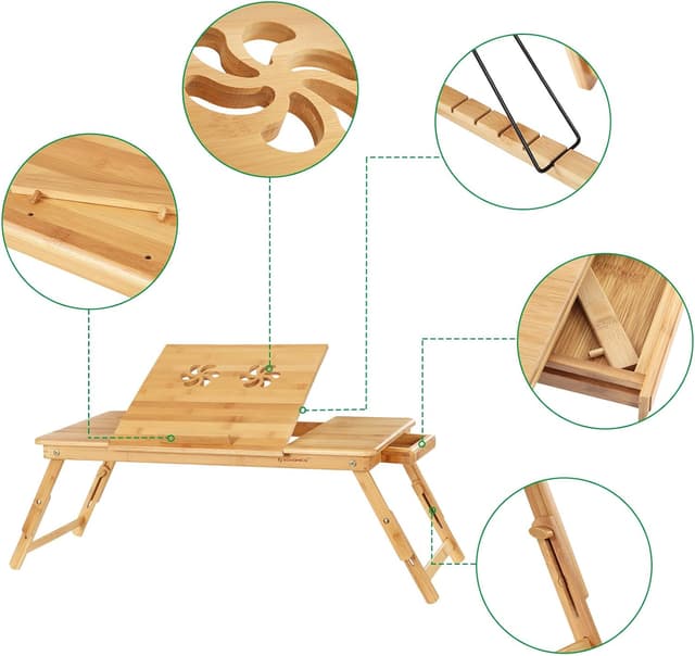 Detalle de SONGMICS Laptoptisch LLD004: klappbar, höhenverstellbar mit Schublade (Bambus, 71,5 x 35 cm)