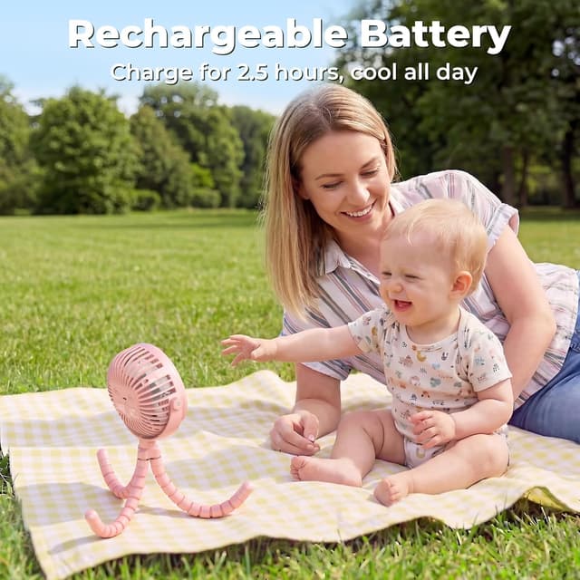 Detalle 2 de Amacool Pram Fan Battery Operated Clip-On Fan with 3 Speeds, Rotatable Head & Flexible Tripod Legs (Pink)