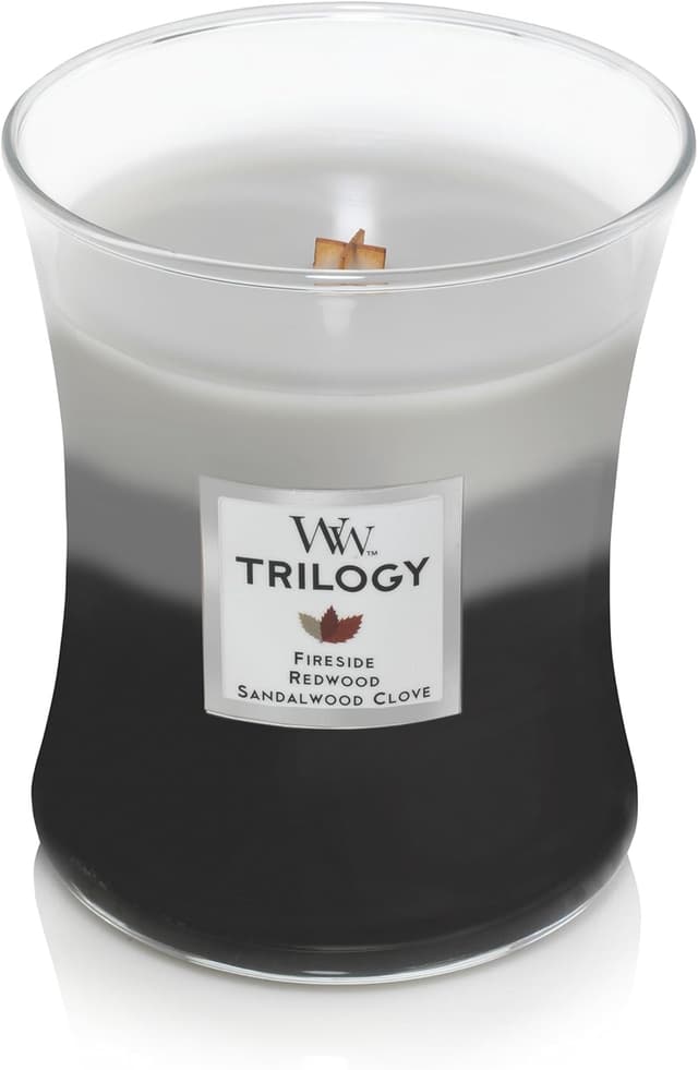 Detalle de WoodWick Trilogy vela mediana reloj de arena Pluswick 🕯