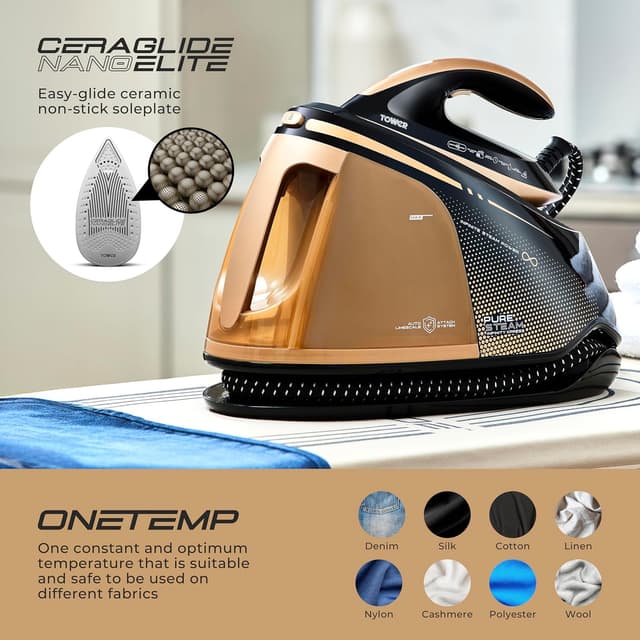 Detalle de Tower PureSteam Infinity Xpress T22030GLD 8 Bar Steam Generator Iron (Ceraglide NanoElite Soleplate, 1.5L Dual Tank)