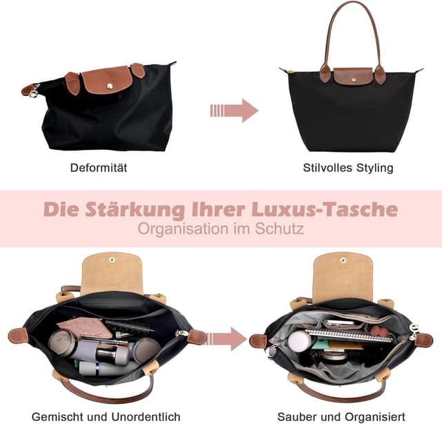 Detalle de Taschen Organizer für Longchamp Le Pliage L – Polyester, wasserdicht, mit Schlüsselbund und 15 Fächern (Beige, groß)