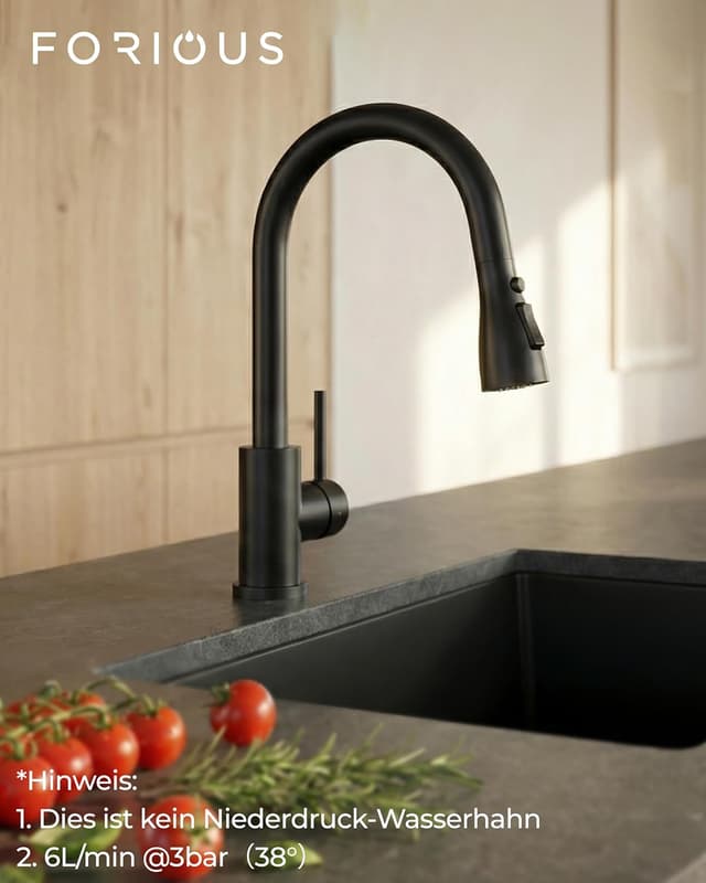 Thumbnail 1 de FORIOUS Küchenarmatur Wasserhahn mit Brause, 360° schwenkbar, 2 Modi, matt schwarz