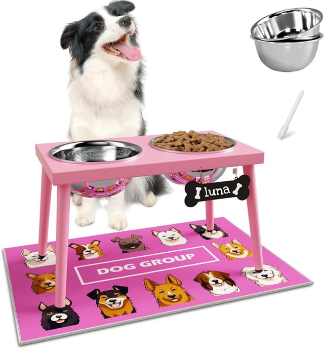 Detalle de ADENGL support surélevé pour chiens (grande et moyenne taille) avec tapis anti-éclaboussures et 2 gamelles inox de 1,6 l, rose