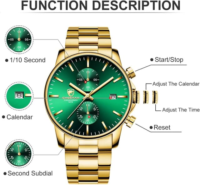 Detalle 2 de Affute Orologio da uomo in acciaio inox e metallo, cronografo al quarzo impermeabile (3 ATM) con data e lancette colorate