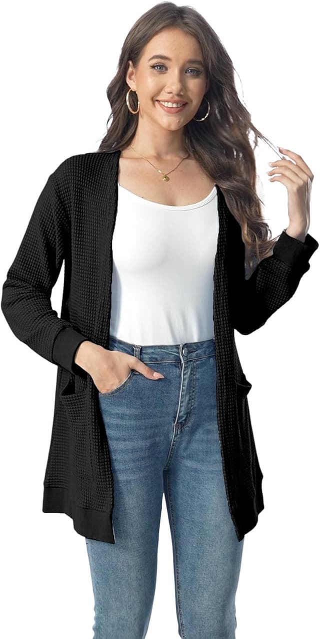 Detalle 2 de GLEENOD Damen-Strickjacke mit Taschen – langarm Casual-Cardigan mit offener Front