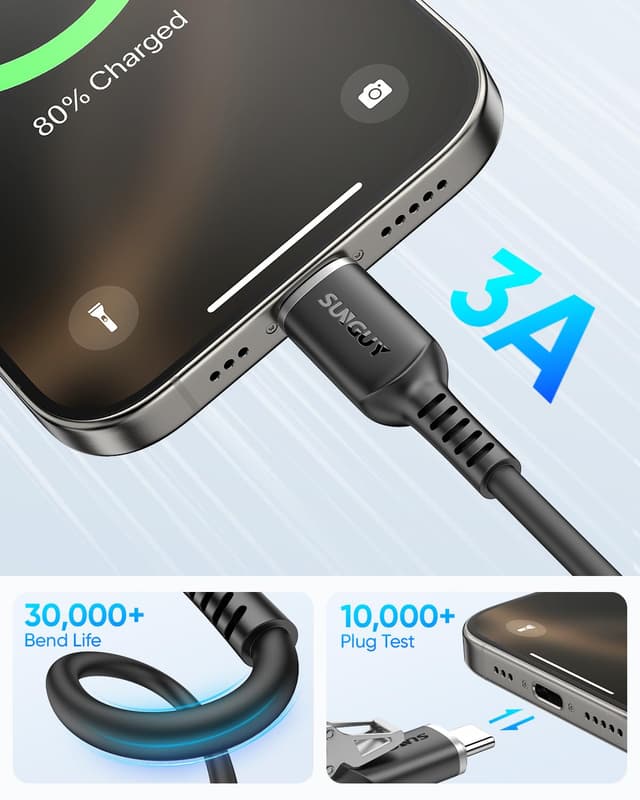 Detalle de SUNGUY USB-A auf USB-C Kabel 3 m (3 A), Silikonkabel für Carplay & Android Auto