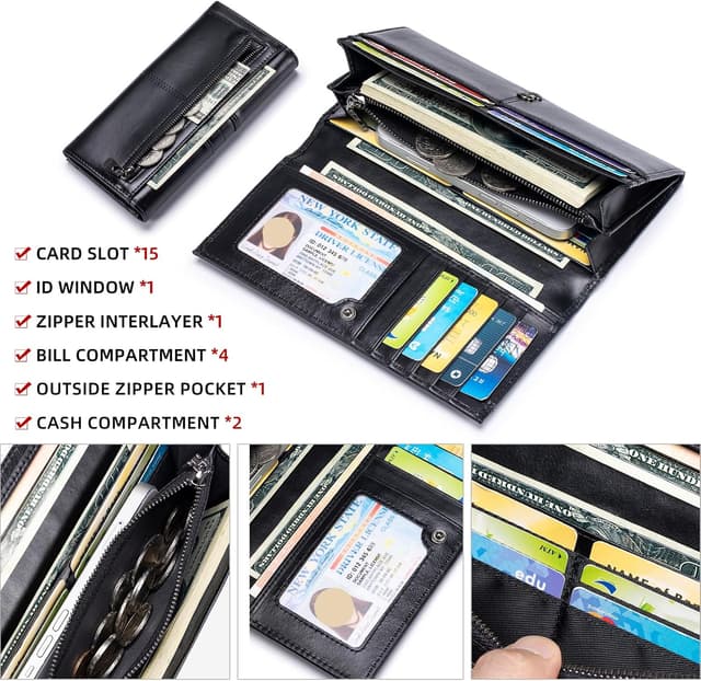 Detalle 2 de SCHLATUM Slim Wallets for Women RFID Blocking leather bifold with coin pocket & ID window, Black