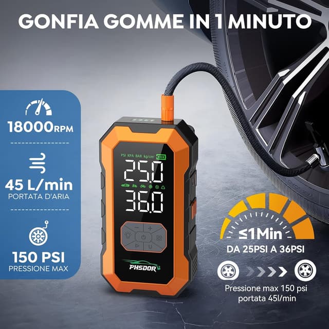 Detalle de Avviatore Batteria Auto con Compressore 150 PSI, 8000A/25000 mAh e Torcia LED (arancione)