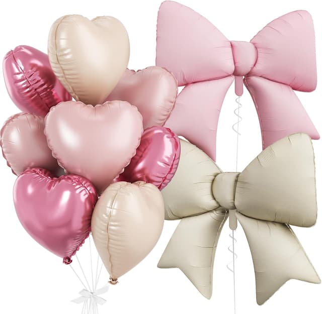 Detalle de FunHot Pink White Heart Balloons & Cream Bow Foil Set (10 Pieces) for Birthdays, Valentine’s, and Weddings