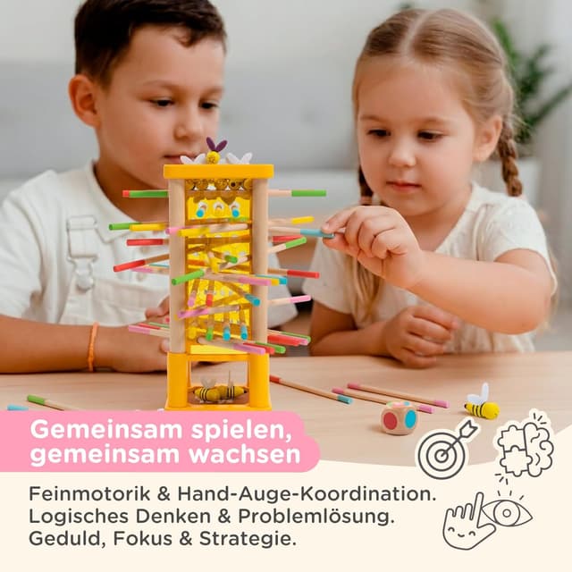 Thumbnail 4 de Nene Toys BeeFall Bienen Geschicklichkeitsspiel (4-in-1) mit Würfel, Aktionskarten & Rainbow Sticks – Holz-Turmspiel für Kinder ab 3