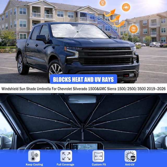Detalle de BONULI Car Windshield Sun Shade Umbrella (Custom-Fit for Chevrolet Silverado 1500 & GMC Sierra 1500/2500/3500, 2019-2026)