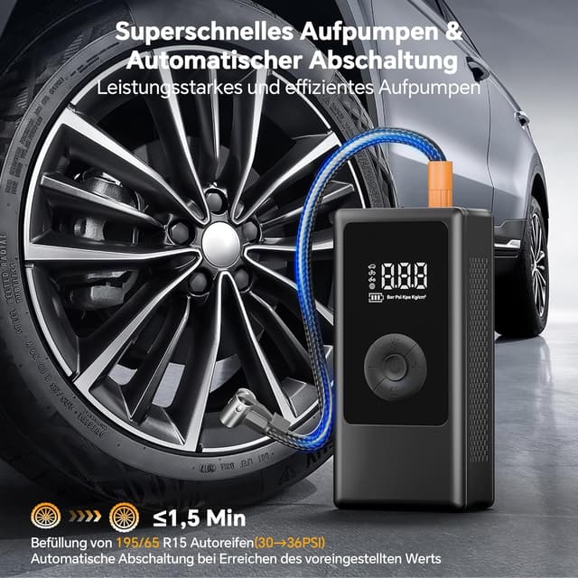 Detalle de Elektrische Luftpumpe 150 PSI – tragbarer Akku Mini-Kompressor mit digitaler Anzeige, LED-Licht & USB-Laden