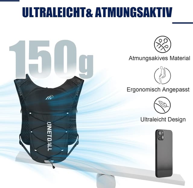 Detalle de ONETOALL Laufweste Damen Herren mit 2L Trinkblase und 500 ml Flasche (reflektierend, ca. 150 g, 6 l)