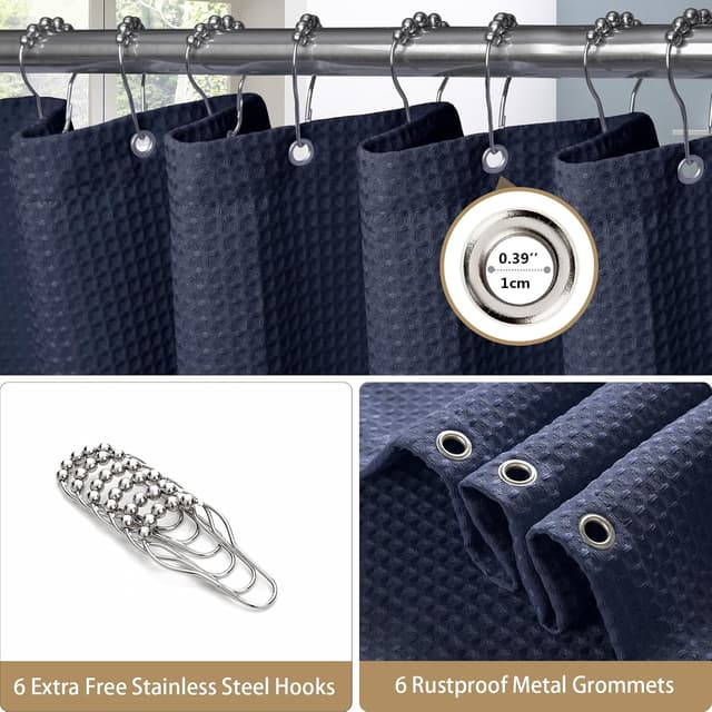 Detalle 2 de Rideau de douche VANZAVANZU motif gaufre bleu marine 92x182 cm avec anneaux métalliques