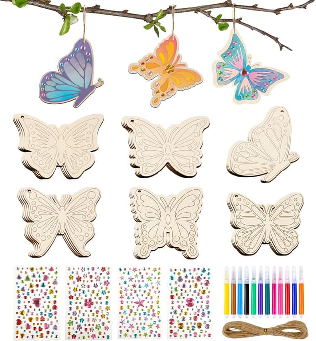 Detalle de ARTREE Kinder Bastelset Ostern Schmetterlinge zum Bemalen – 24 Holz-Anhänger DIY-Set