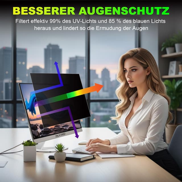 Detalle 2 de ruord Sichtschutzfolie für 20 Zoll 16:9 (44,2 x 24,9 cm) Monitor – Blaulichtfilter & Blendschutz, abnehmbar