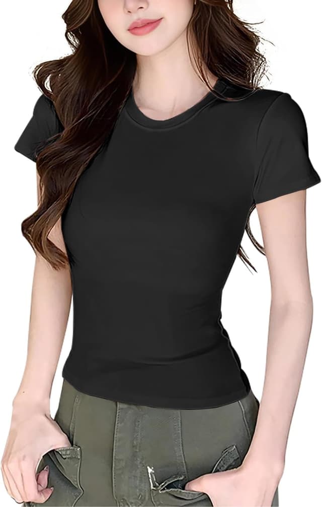 Detalle de JEROZIYANT Women’s Basic Cropped T-Shirt (Slim Fit) – Solid Colour Crew Neck Tee