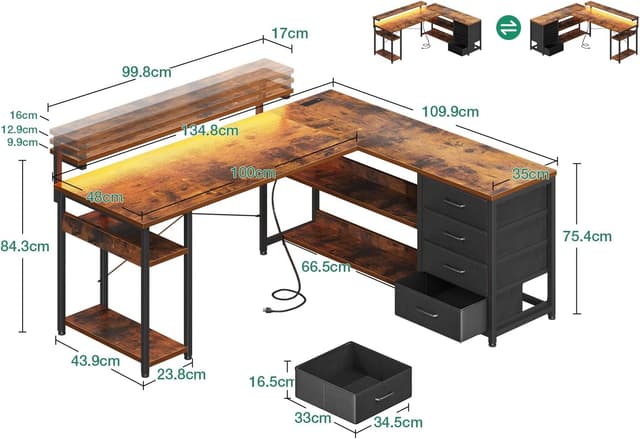 Detalle de ODK Corner Desk with Drawers (L-Shaped Gaming Desk) with LED Lights, Power Outlets and Reversible Layout