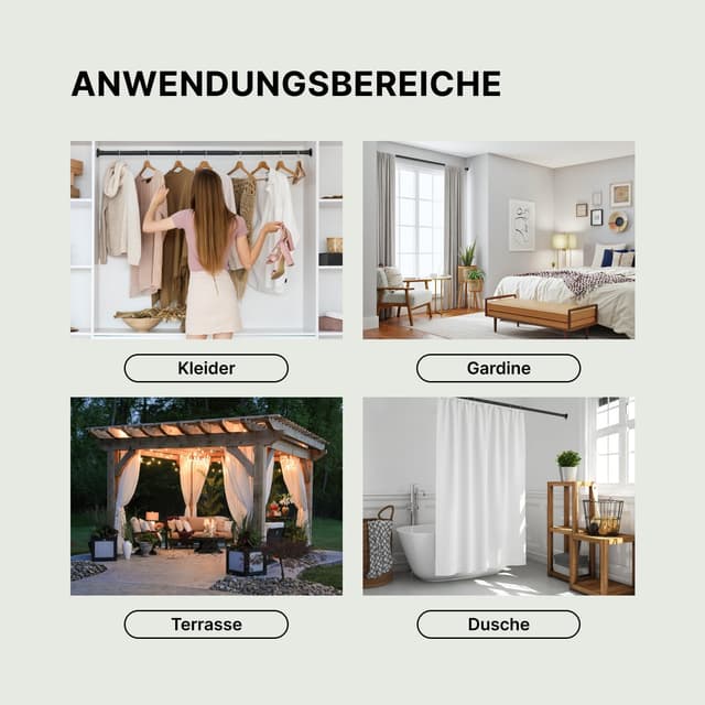 Thumbnail 6 de MEISENBERG Klemmstange für Gardinen 90–160 cm, Schwarz (Ø 25 mm) – Duschvorhangstange ohne Bohren