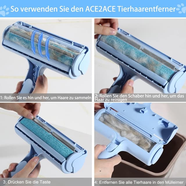 Detalle de ACE2ACE Tierhaarentferner: wiederverwendbare Fusselrolle & Fusselbürste für Hunde- und Katzenhaare