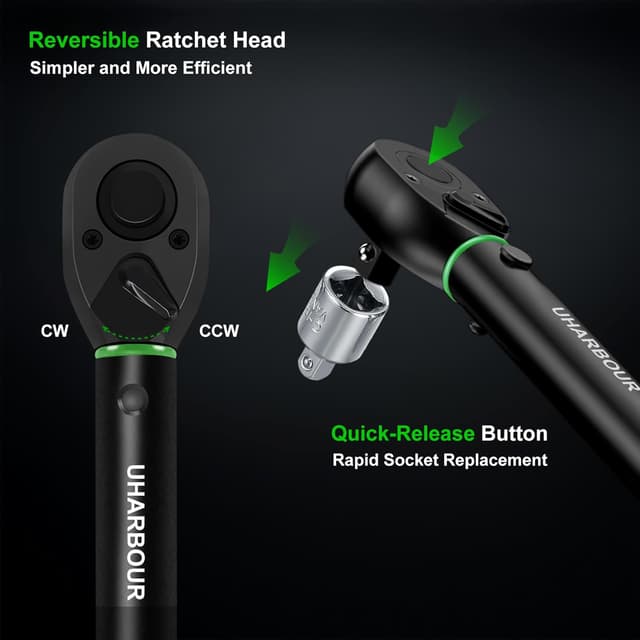 Detalle de Uharbour Torque Wrench 1/2" Set (20–230 Nm) with three impact sockets for lug nuts