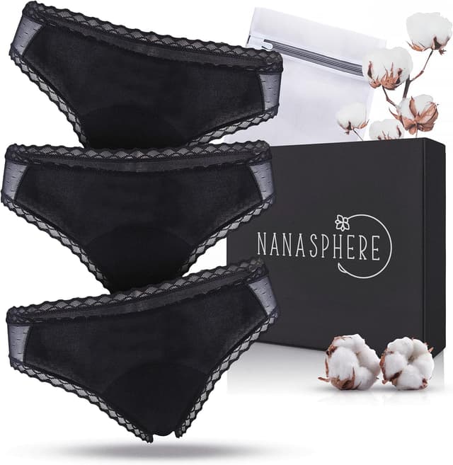 Detalle de NANASPHERE Mutande assorbenti mestruali set da 3 + sacco lavaggio in cotone organico (ciclo flusso abbondante)
