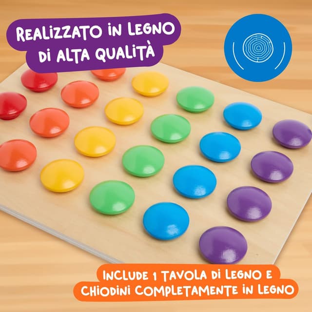 Detalle de Nene Toys Gioco Chiodini: puzzle educativo in legno Montessori con bottoni colorati (2+ anni)