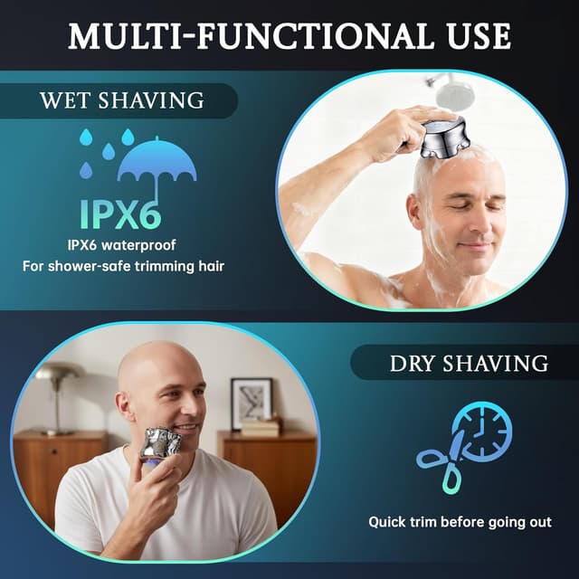 Detalle 2 de Electric Head Shavers for Men – IPX6 Waterproof Wet & Dry Razor with USB-C Fast Charging, 7D Rotating Blade System