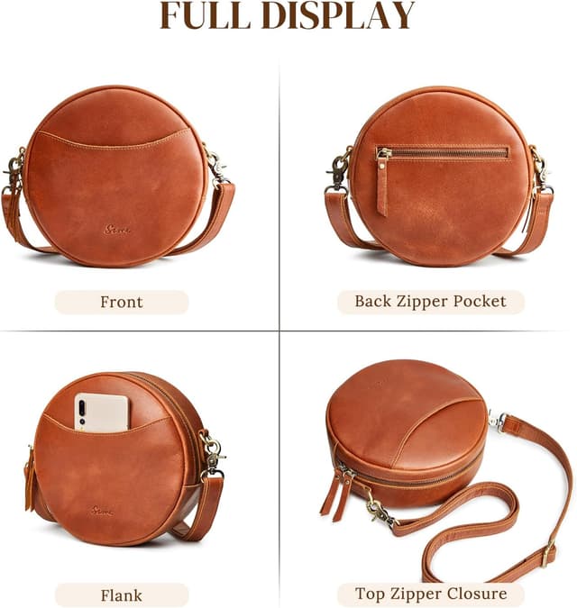 Detalle de S-ZONE leather circle crossbody bag for women with adjustable strap and multiple pockets