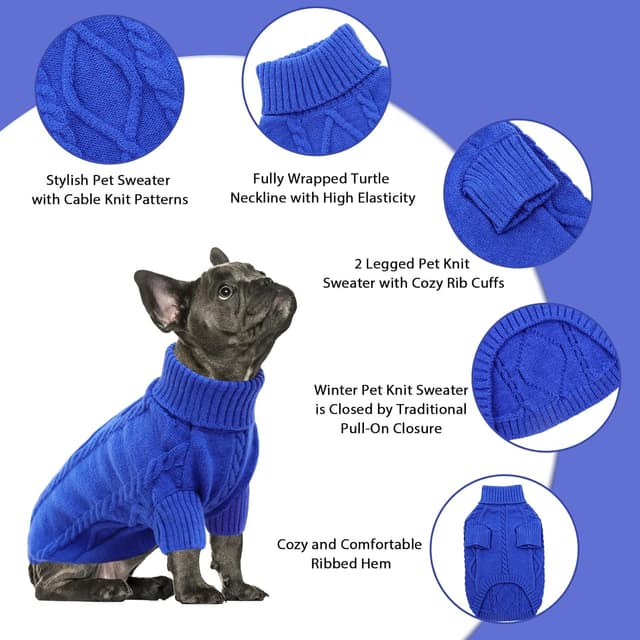 Detalle 2 de Queenmore Small Dachshund Jumper Knitting Dog Jumper Turtleneck (Blue, XS)