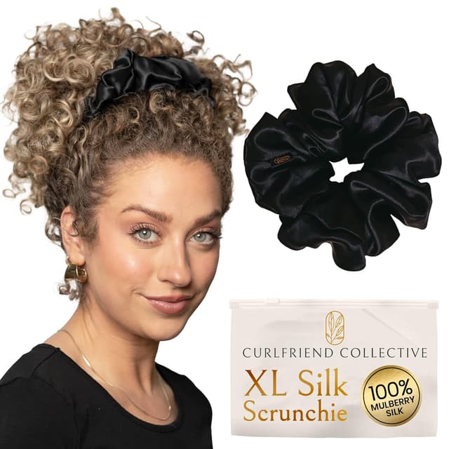 Curlfriend Collective Silk Scrunchies for Women (XL Mulberry Silk Ponytail Holders) – Black