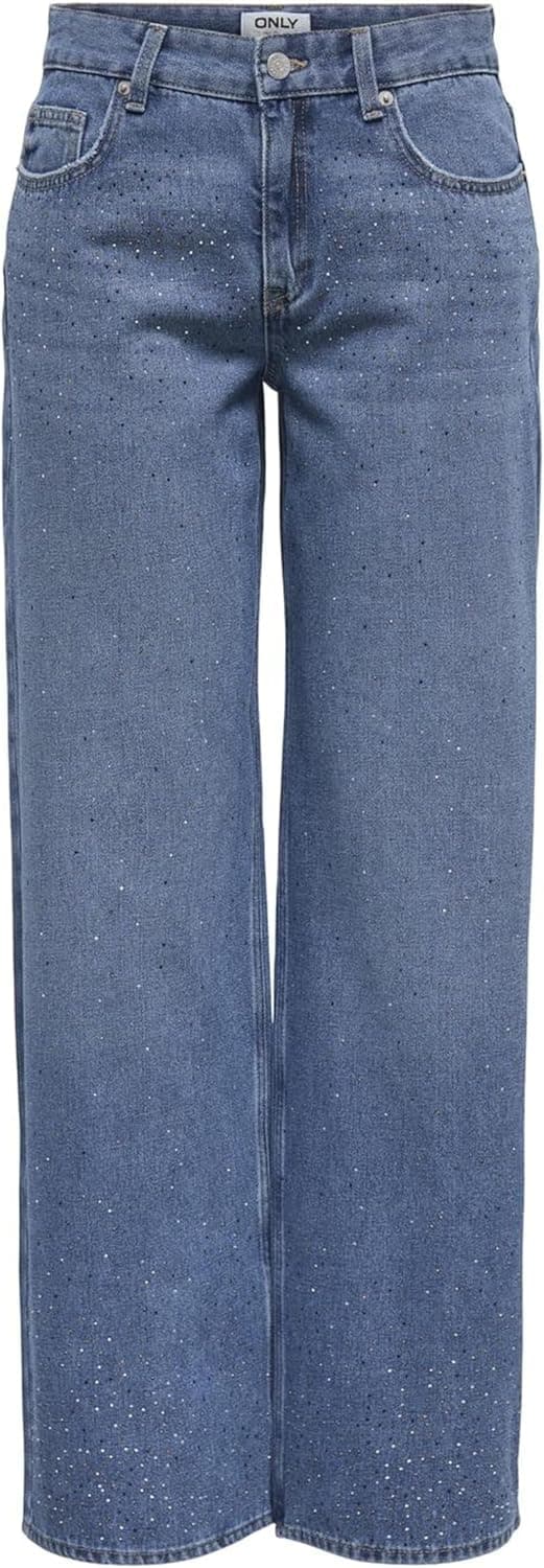 Detalle de Jeans ONLY Onlcath LW Wide Rhinestone DNM Pim Donna dal taglio ampio