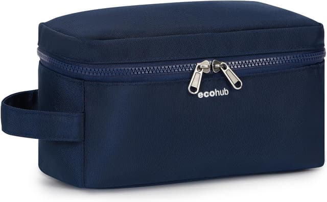 Detalle de ECOHUB beauty case da viaggio con separazione asciutto-bagnato e apertura a 180°