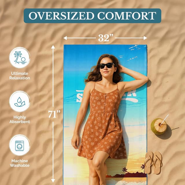 Detalle de Casa Platino 4-Pack Oversized Beach Towels (71" x 32") – Sand-free quick-dry microfiber for pool, ocean & camping