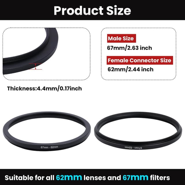 Detalle 2 de Metall Step-Down Ring Filter Adapter 67 mm auf 62 mm – Aluminium-Ring für UV-, CPL- und ND-Filter