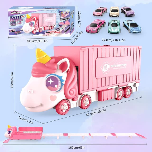 Detalle de RUIDYA Unicorn Transport Truck Toy with Foldable 160cm Race Track and 6 Die-Cast Cars