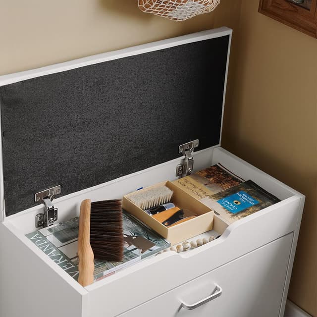 Detalle de SoBuy FSR95-W Meuble à chaussures banc rembourré à abattant rabattable blanc 60x30x50 cm