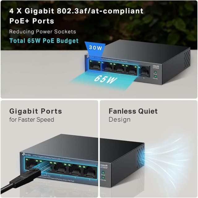 Detalle 2 de TP-Link LS105GP 5-Port Gigabit PoE+ Switch (4x PoE+) with 65W total power budget