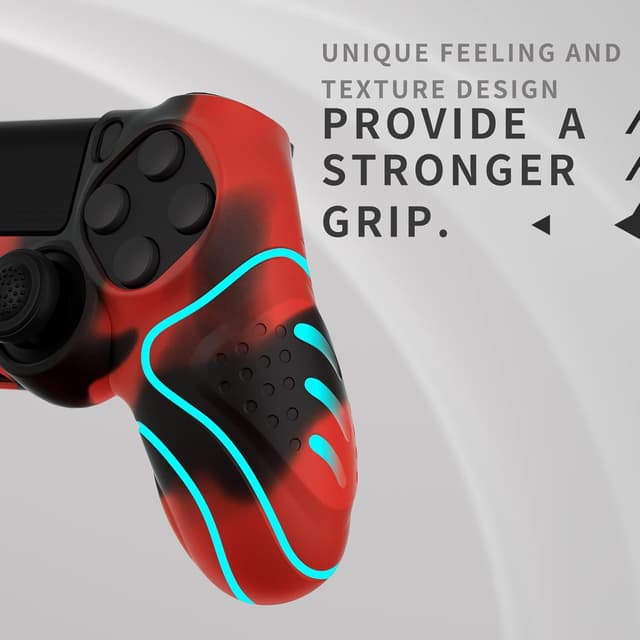 Detalle 2 de PlayVital Guardian Edition ergonomic soft silicone case cover for PS4 Slim/Pro controller (Red & Black) with thumb grip caps