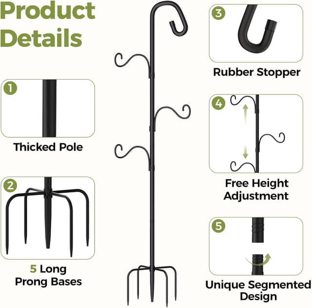 Detalle de Bamworld Shepherds Crook Garden Hooks 61in adjustable height hanging pole with 5-prong base