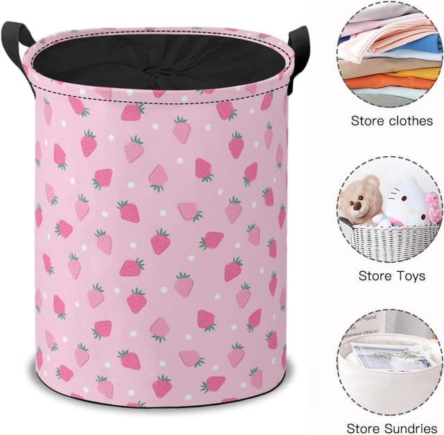 Detalle 2 de ENSFTF Drawstring Laundry Basket (Pink Strawberry Pattern) – Spacious, Dustproof & Easy to Clean