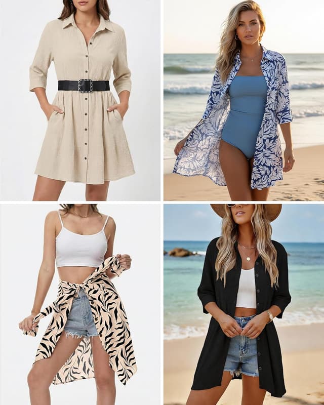 Detalle 2 de WNEEDU robe chemise femme d’été à manches 3/4, taille empire et poches (courte devant/plus longue derrière)