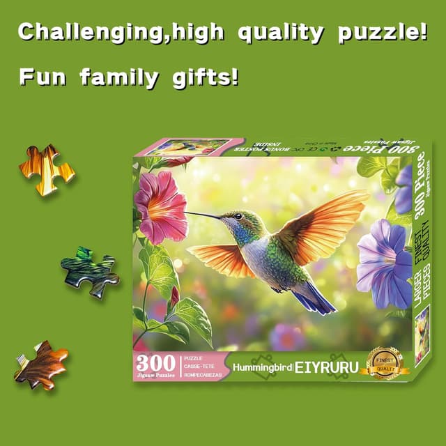 Detalle de 300-Piece Puzzle for Adults: Spring Hummingbird Flowers Jigsaw, Recycled Paper, Glossy & Sturdy Large Pieces
