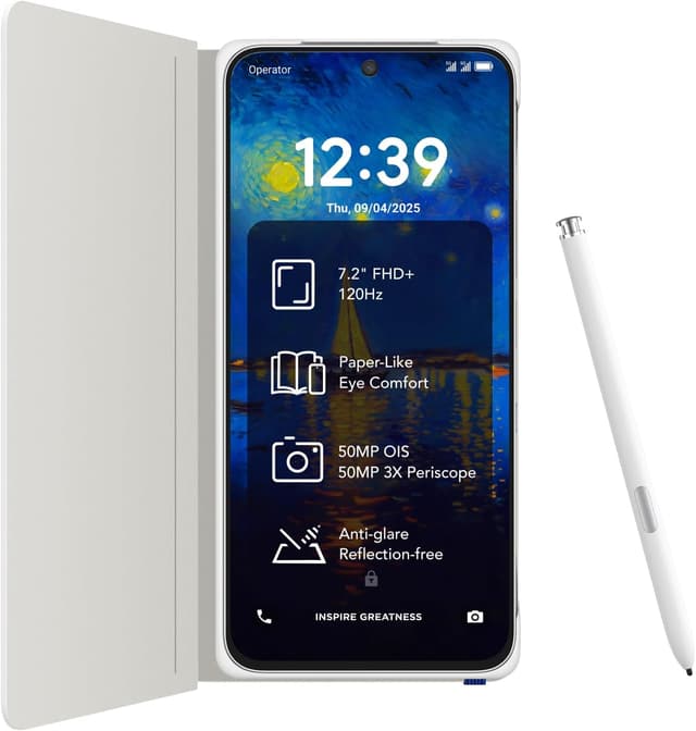 Detalle de TCL NXTPAPER 60 Ultra 5G (Lunar White) Android smartphone with 7.2" FHD+ eye-care display, flip cover and stylus